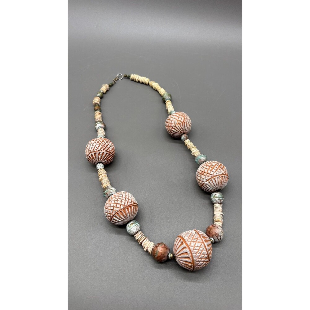 Artisan Terracotta Clay Shell Copper Bead Necklace African Tribal Boho Chunky